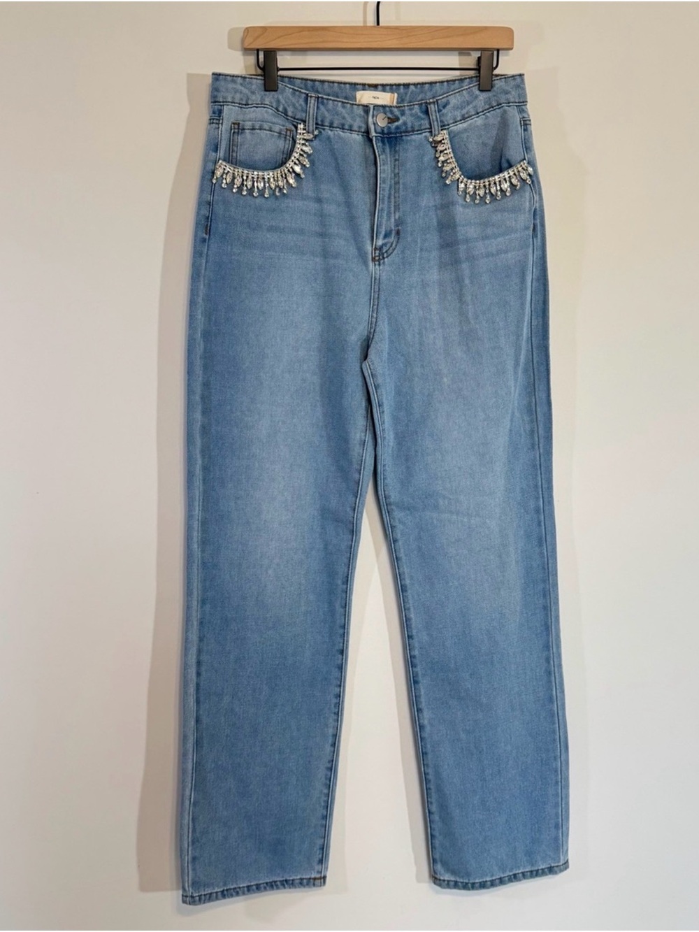 TGLA Embellished Pocket Straight Leg Jeans Size 30 Rhinestone Fringe Light Wash